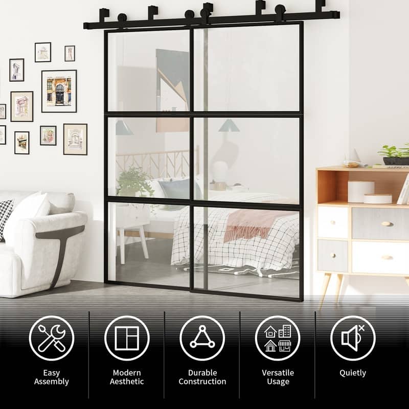 Mixoy Glass Sliding Barn Door and Hardware Included- Clear Tempered Glass,Aluminum Frame,Pre-Drilled,Soft Close