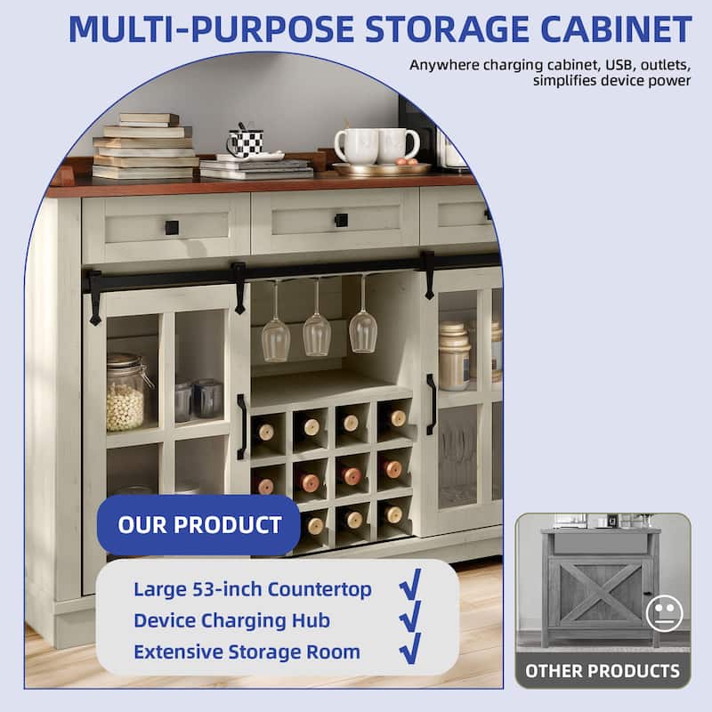 53" Barn Door Buffet Coffee Bar Cabinet with Wine Rack, Kitchen Sideboard Storage Cabinet