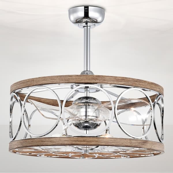 slide 2 of 20, Ofelia 24-inch Chrome and Faux Wood 6 Lights 3 Blades Lighted Ceiling Fan with Remote