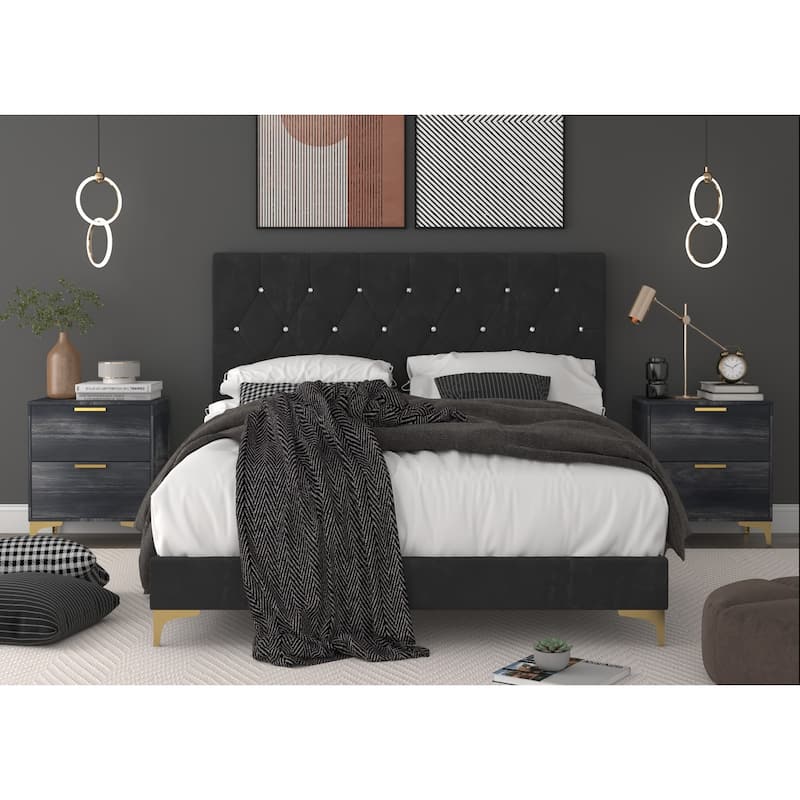 Sana Upholstered Panel Bed with 2 Nightstands - Black / Grey - King - 3 Piece