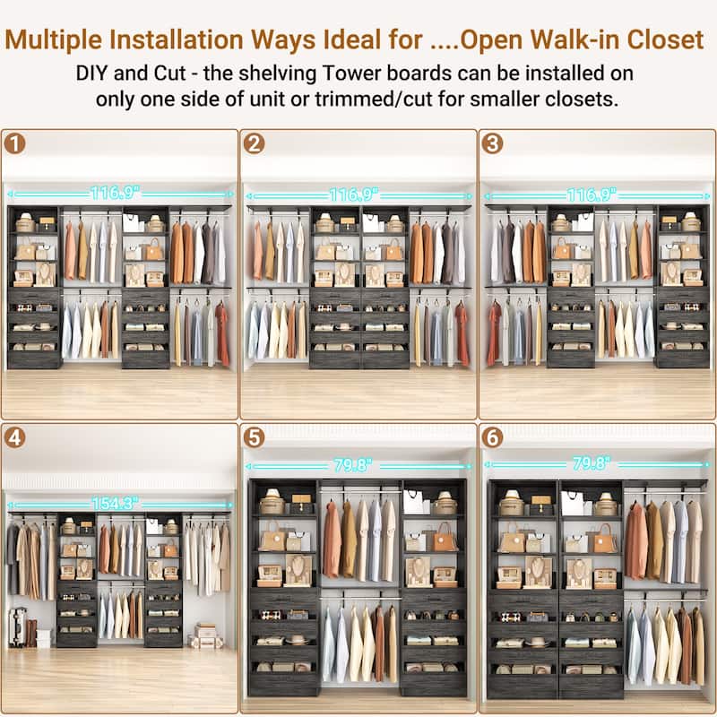 Set of 2 Closet System with Wooden Drawers and Hanging Rods, Closet Organizer with Adjustable Storage Shelves