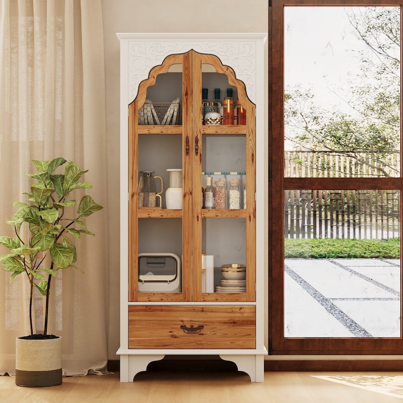 Oak Finish Fir Wood Wooden Curio Cabinet Display Storage Case Bathroom Cabinet Bookcase - 70.9"Hx31.5"W
