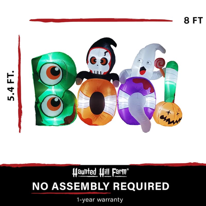 Haunted Hill Farm 8-ft. Wide Prelit Inflatable Boo Sign with Reaper and Ghost