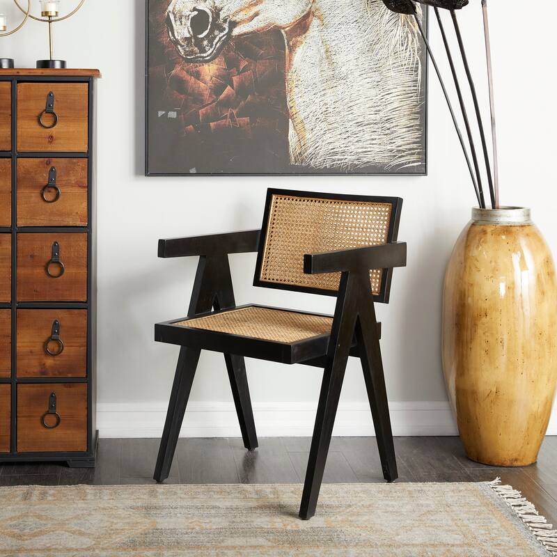 Teak Wood Living Room Accent Chair with Leather or Woven Cane Seat - Dark Brown - 20"W, 30"H
