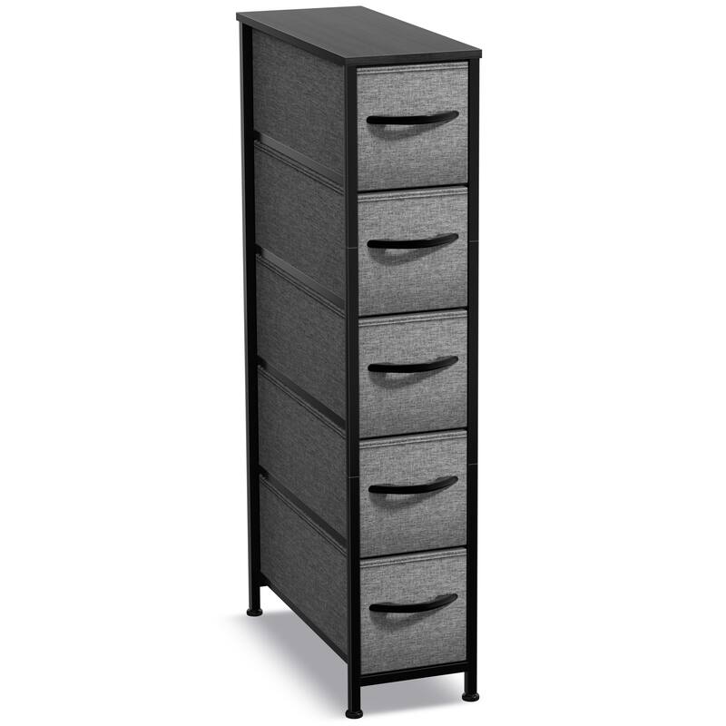 Sorbus Narrow Dresser with 5 Drawers - Vertical Slim Storage Chest of Drawers with Steel Frame, Wood Top & Easy Pull Fabric Bins - Black