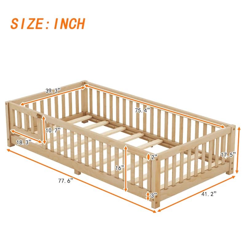 Wooden Floor Bed Frame with Safety Fence and Door, Removed Slat Design