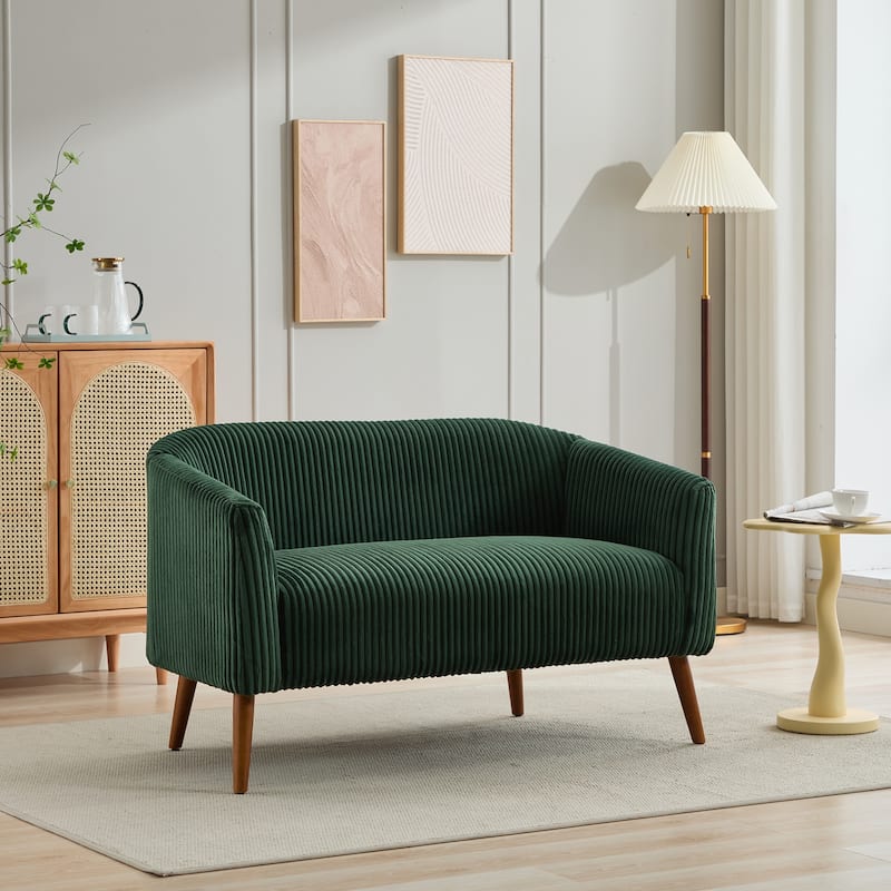50.78" Modern Loveseat Couch Sofa, Corduroy Fabric Upholstered 2-Seat Sofa, Loveseat with Wooden Walnut Legs - Green