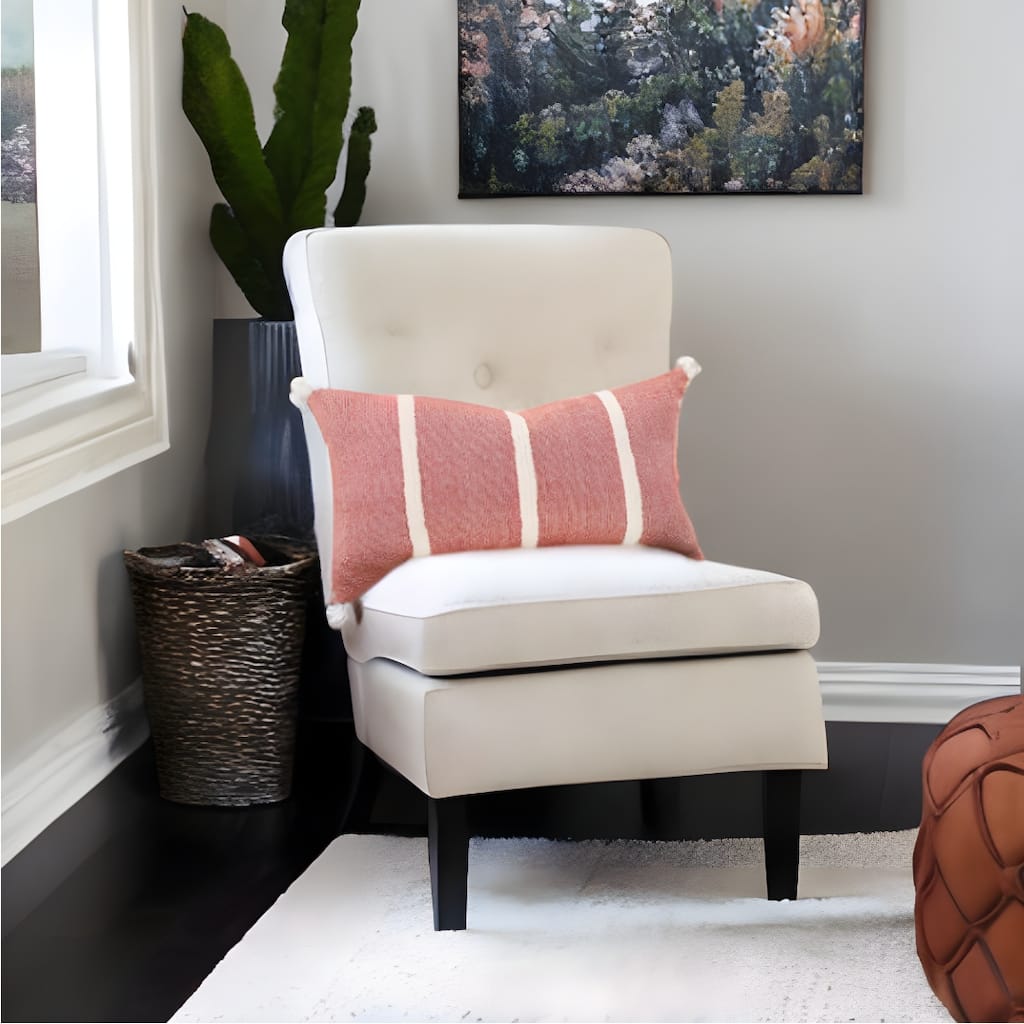 14" X 14" Red and White Cotton Pillow With Tassels Edges