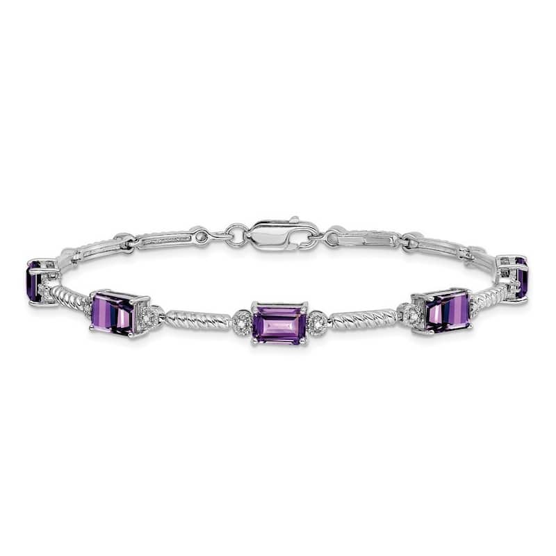 Curata 925 Sterling Silver 7.5" 5mm Emerald-cut Multi Gemstone and Diamond Cable Bracelet