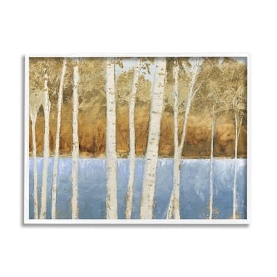 Stupell Birch Tree Lake Landscape Blue Gold Nature Painting Framed Wall Art