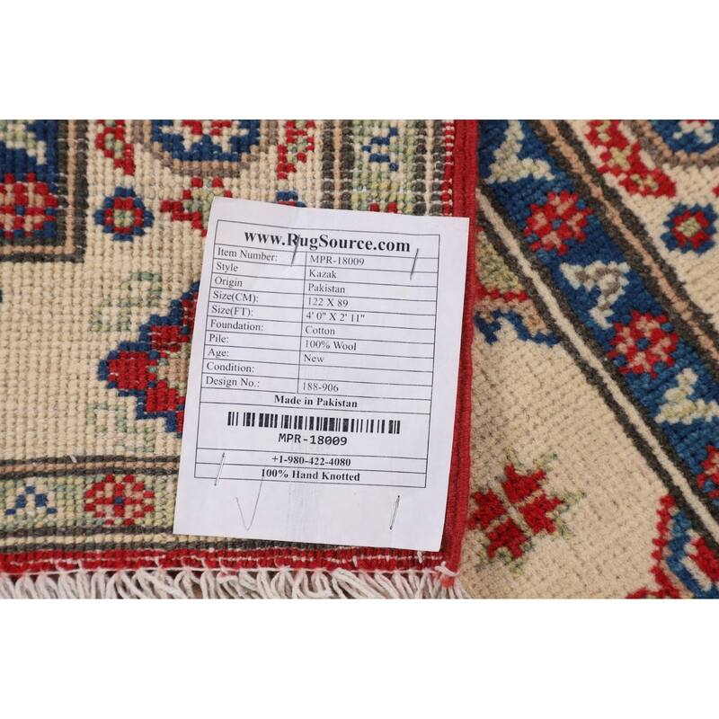 Geometric Beige Kazak Oriental Accent Rug Handmade Beige Wool Carpet - 2'11" x 4'0"