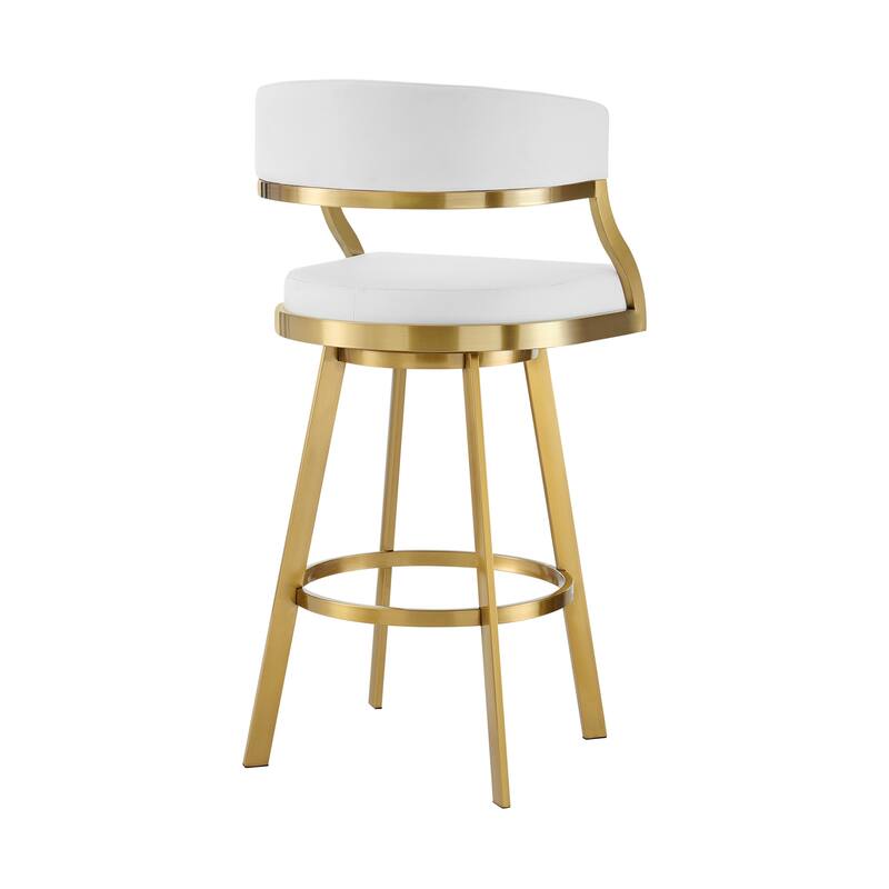 HomeRoots 30" White and Gold Faux Leather and Stainless Steel Low Back Bar Height Swivel Bar Chair