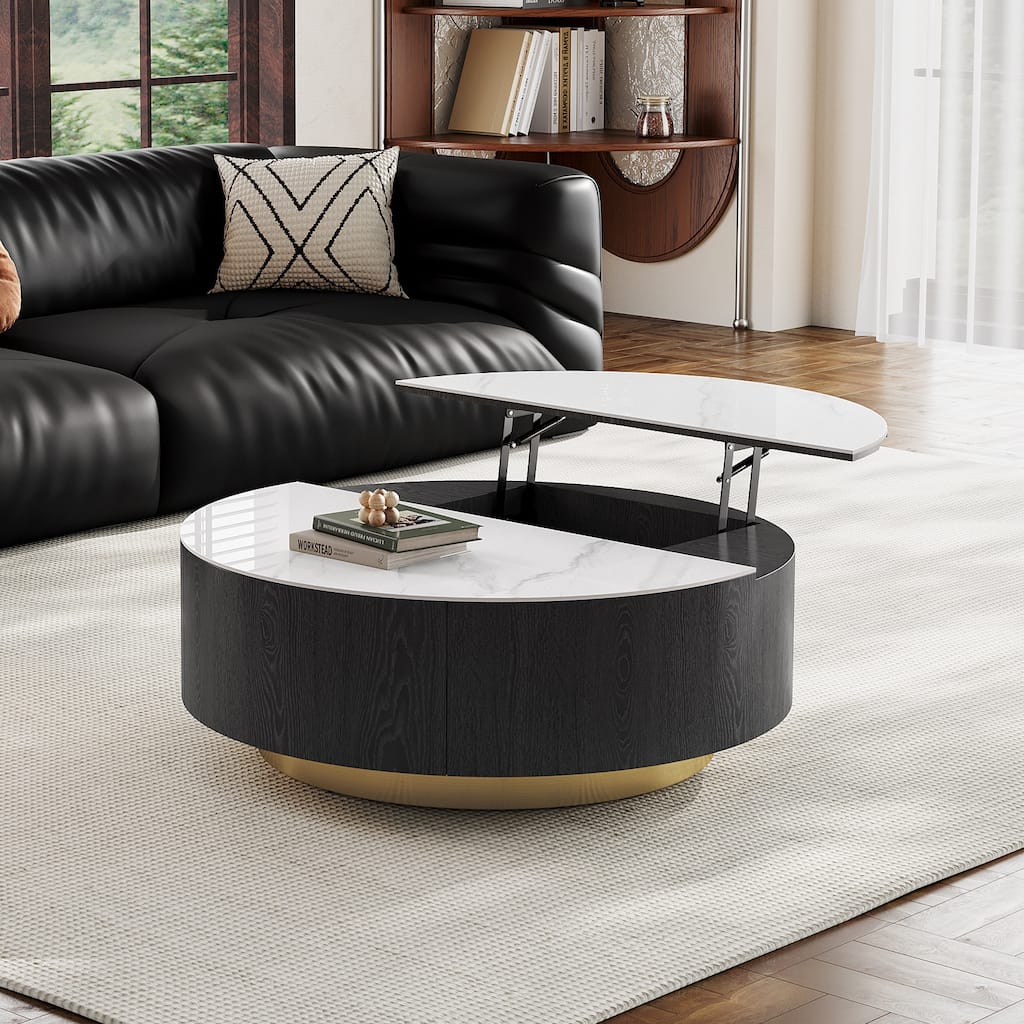 35.43" Round Coffee Table with Lift Top & Drawer, Faux Marble Surface, Solid Wood for Modern Living Spaces