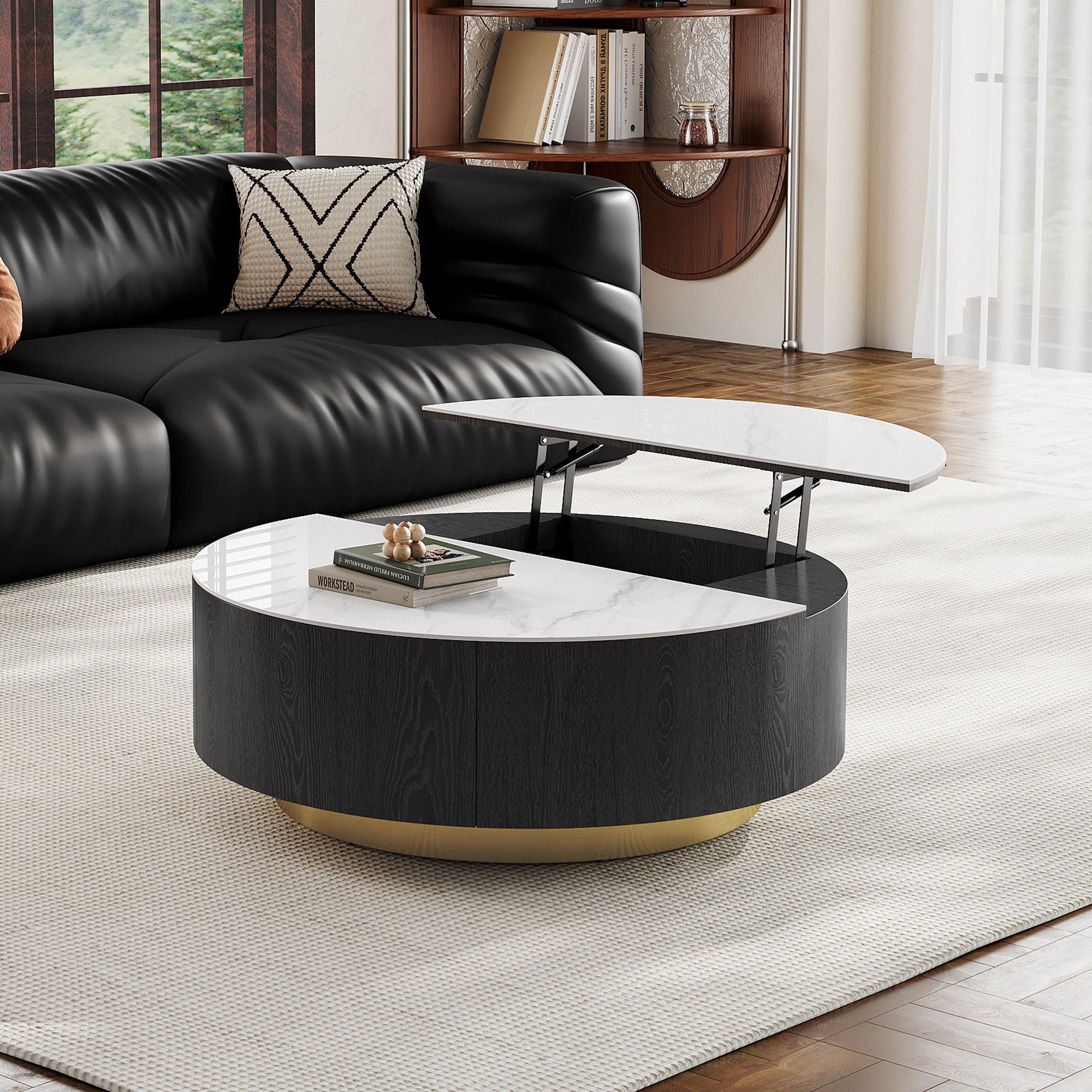 35" Round Coffee Table with Lift Top & Drawer, Faux Marble Surface, Solid Wood for Modern Living Spaces