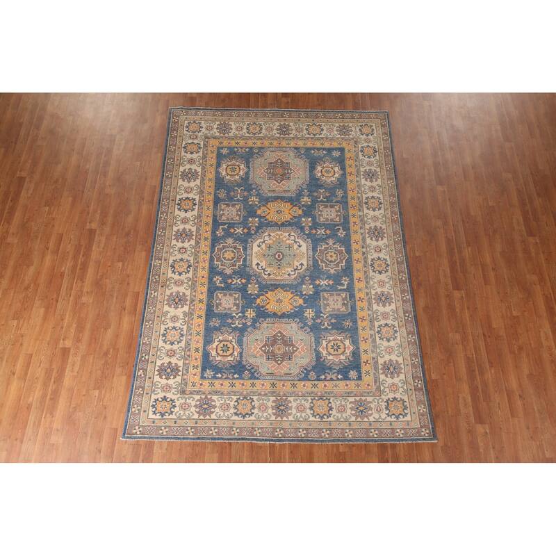 Geometric Blue Kazak Living Room Area Rug Hand-Knotted Wool Carpet - 6'8" x 9'9"