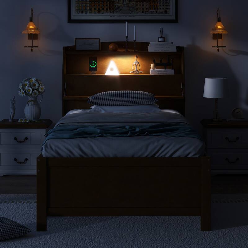 Wooden Platform Bed with Pull Out Trundle Bed and Drawers, All-in-One LED Headboard with Charging Station and Flip Up Storage