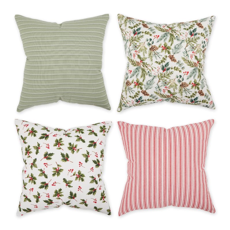 Christmas Plaid Pillow Cover 18x18 (Set of 4) - Holiday Holly & Stripe