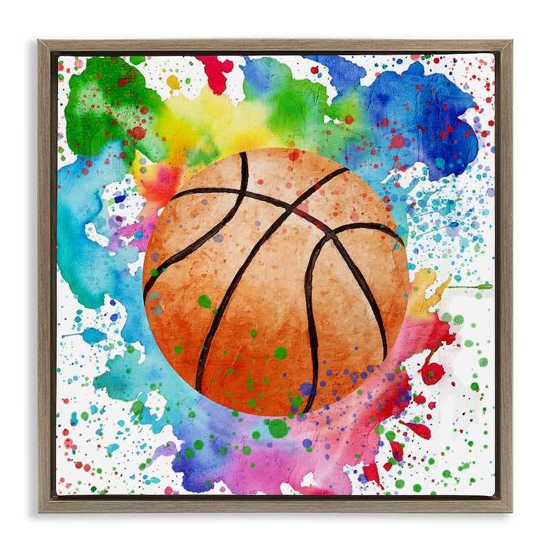 Stupell Basketball with Bright Splash Framed Floater Canvas Wall Art Design By Kim Allen - 18 x 18 - Brown