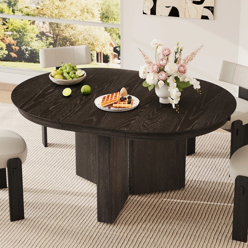 Farmhouse 58" Extendable Dining Table with Pedestal Base and Adjustable Foot for Kitchen Dining Room