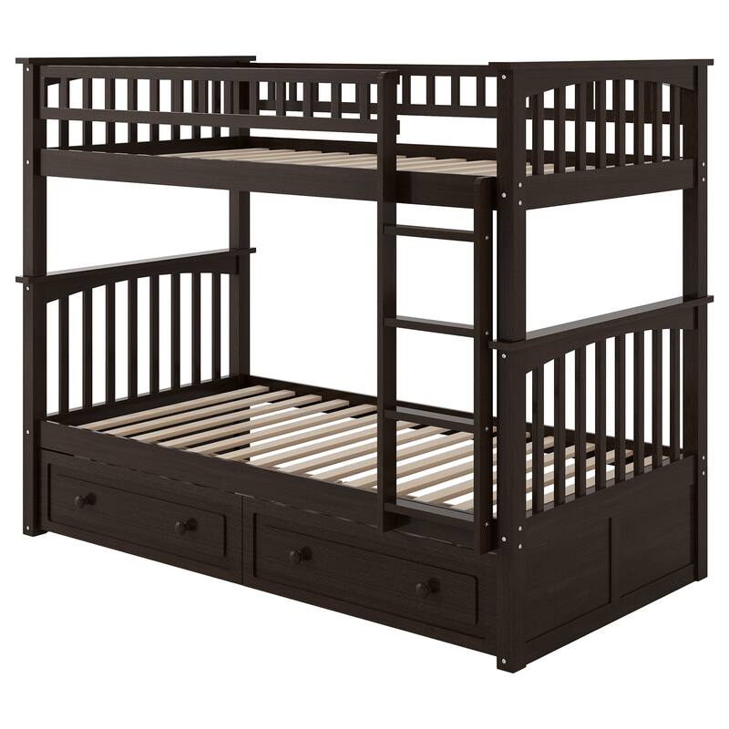 Wooden Bunk Bed with 2 Drawers and Ladder
