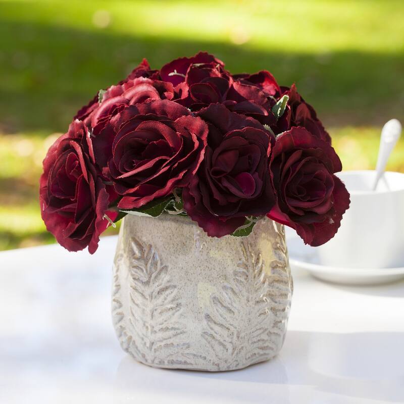 Enova Home Artificial Velvet Roses Faux Silk Flowers Arrangement in Round Tapered Ceramic Pot for Home Wedding Decoration