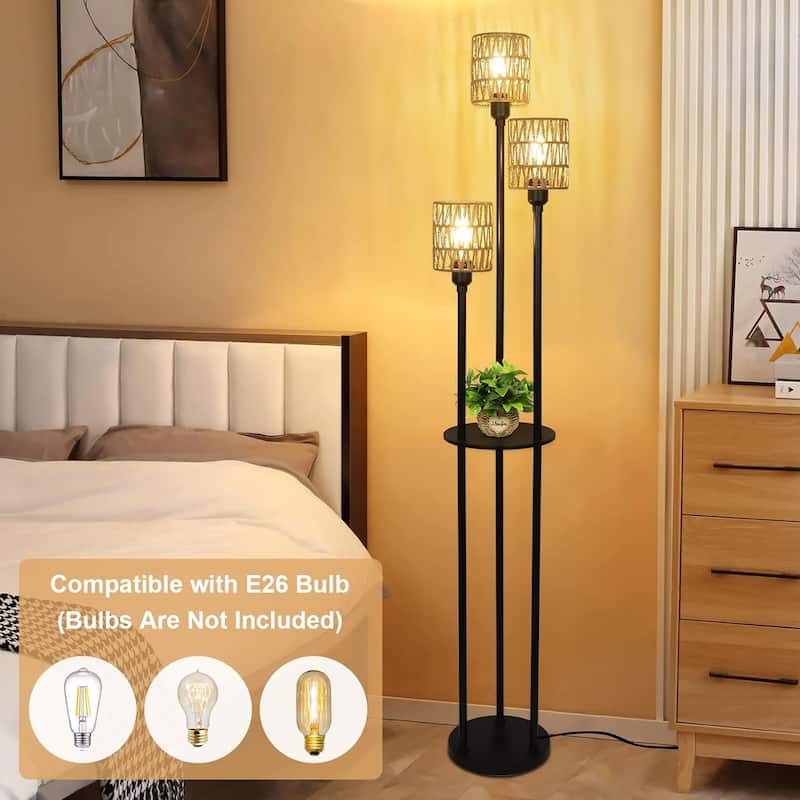 Floor Lamp with Shelves, 3-Lights Farmhouse Tall Floor Lamp with ON/OFF Foot Switch, Rustic Standing Lamp with Rattan Shades