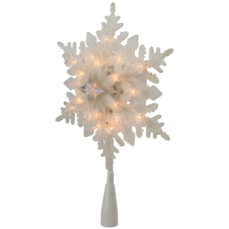 10" Lighted White Frosted Stacked Snowflake Christmas Tree Topper - Clear Lights - 10