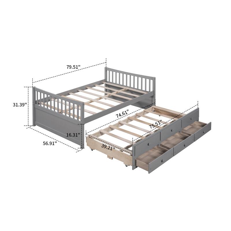 Minimalist Wooden Daybed with a Trundle and Three Underbed Drawers