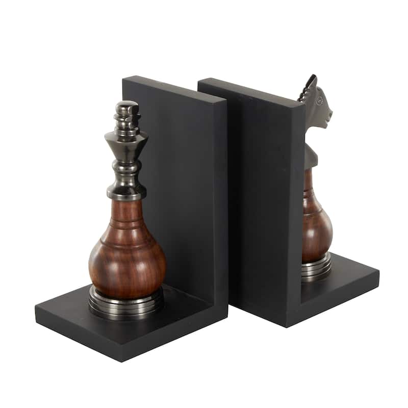Black Aluminum Metal Chess Bookends with Aluminum Accents (Set of 2)