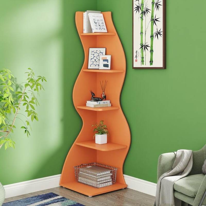 Modern 5-Tier Corner Shelf Unit with Adjustable Shelves for Living Room Office or Bedroom - 19.68” x 18.89” x 69.88” - Orange