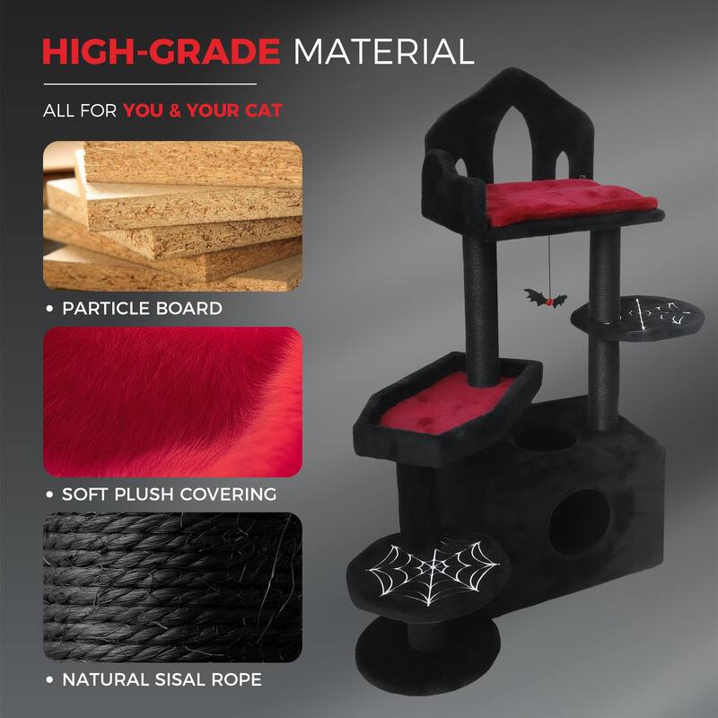 44.5 in Gothic Cat Tree, Multi-Level Spooky Cat Tree with Scratching Posts, Perches, Hammock, and Cat Cave for Indoor Cats