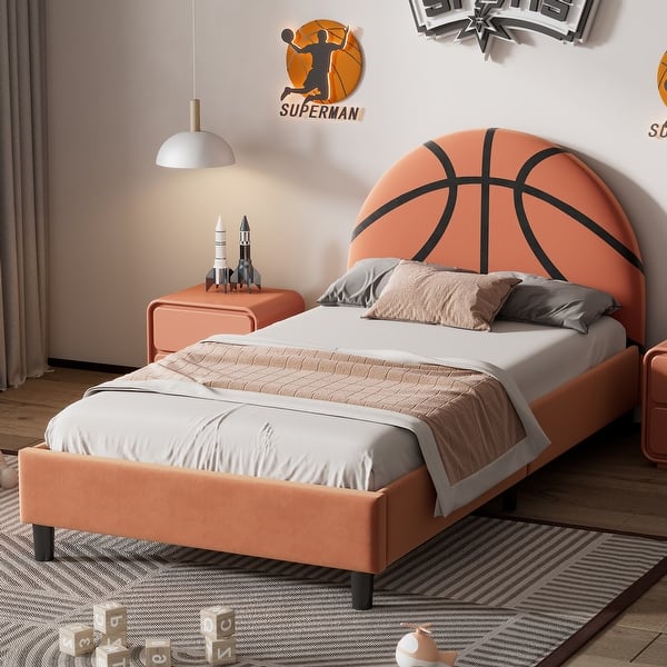 slide 2 of 8, Orange Upholstered Bed for Toddler Kids Twin Size Low Profile Platform Bed with Basketball Headboard for Boys and Girls, Teens Orange - Twin