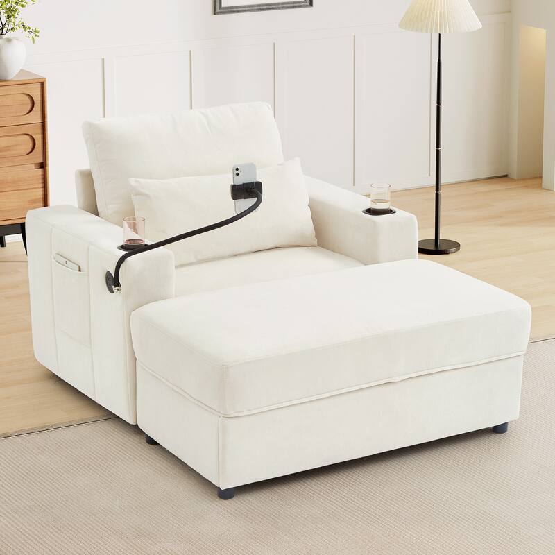 Armchair 42.5" Chaise Lounge Sofa Couch With A Movable Storage Ottoman,Two Usb Ports,Two Cup Holders - Beige