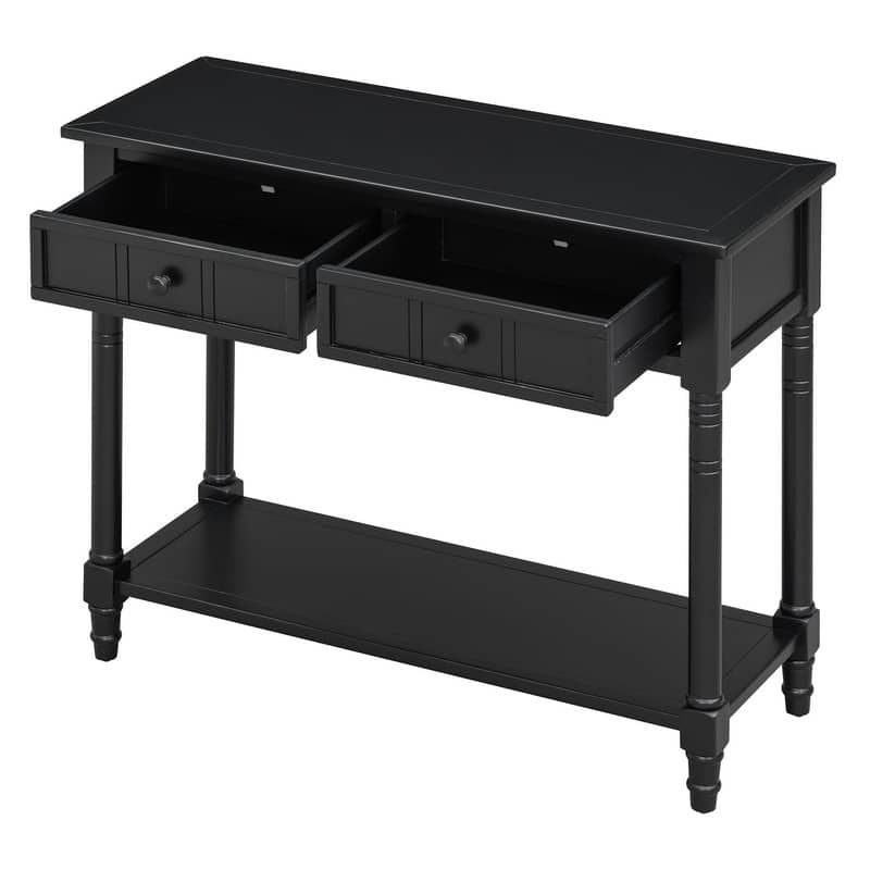 Narrow Console Table, Traditional Pine Wood Design with 2 Drawers and Bottom Shelf for Living Spaces