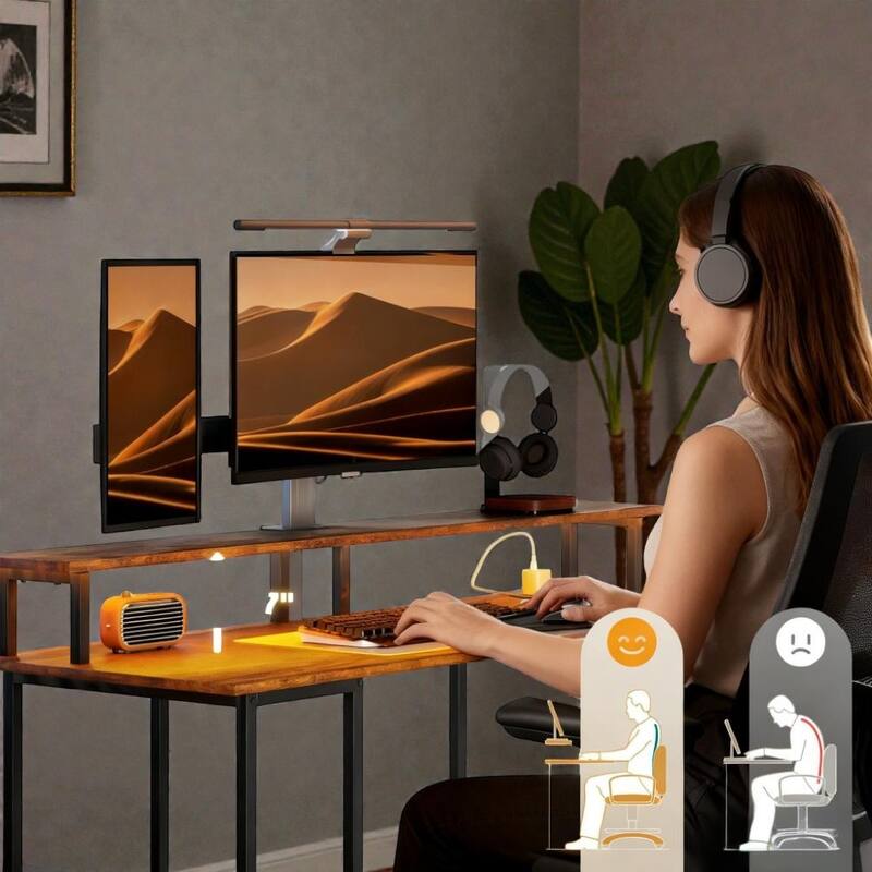 Reversible Computer Desk with Power Outlets and LED Lights, Office Desk with Monitor Stand Storage and CPU Shelf