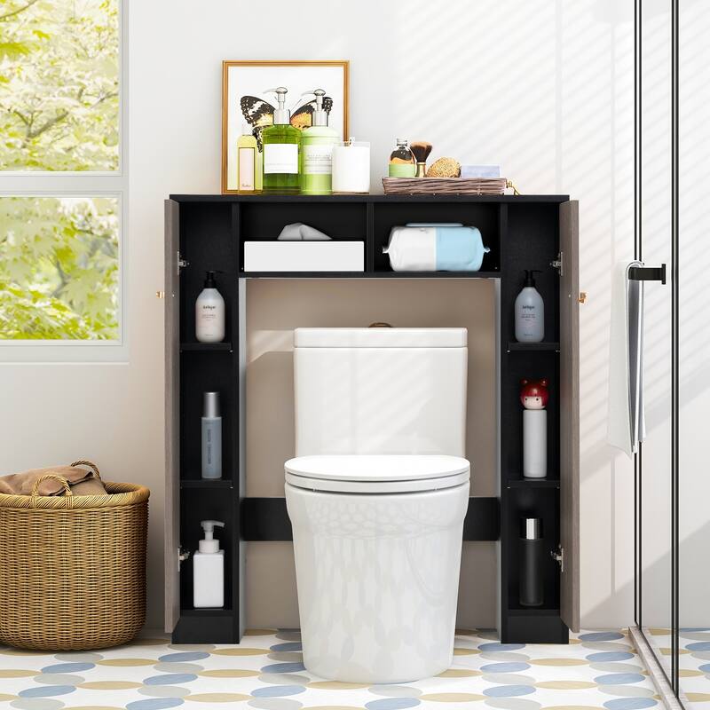 Over Toilet Storage Cabinet with Shelves and Double Door Cabinets - Black