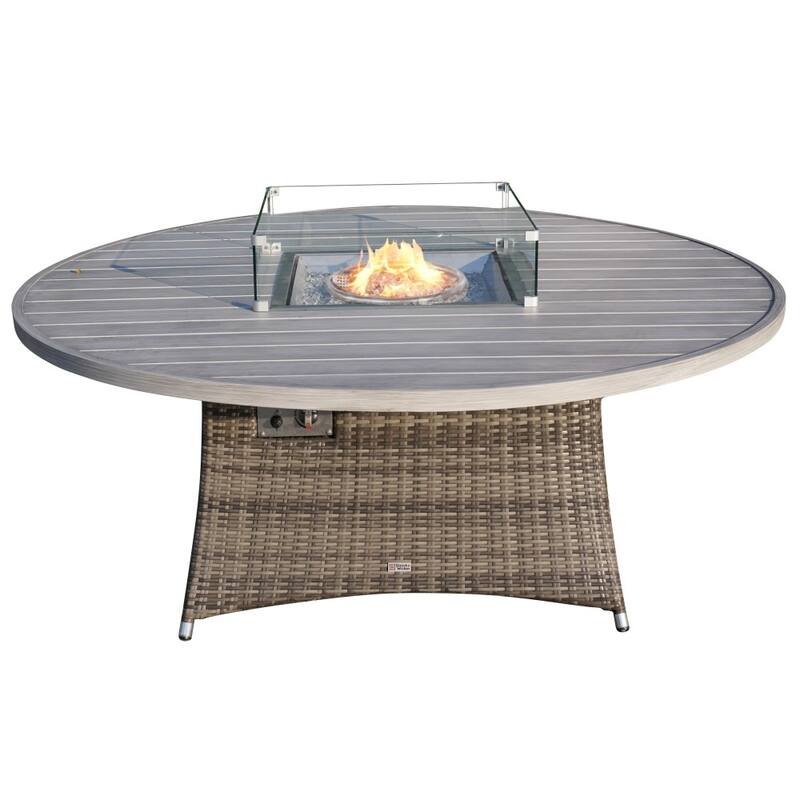 Outdoor Wicker Round Firepit Dining Table with Windshield - Grey