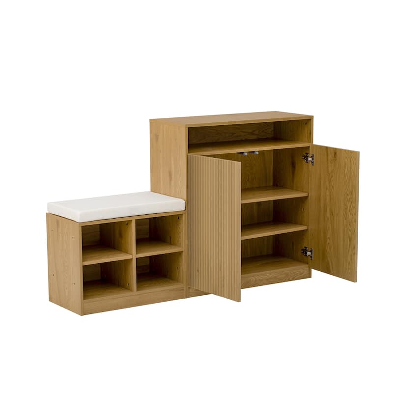 Bayliy 2 Doors Storage Cabinet with Shoe Bench and Adjustable Shelves