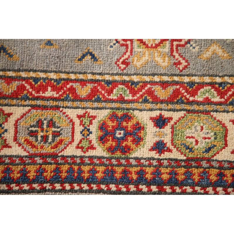 Geometric Kazak Oriental Accent Rug Handmade Grey Wool Carpet - 2'8" x 4'2"