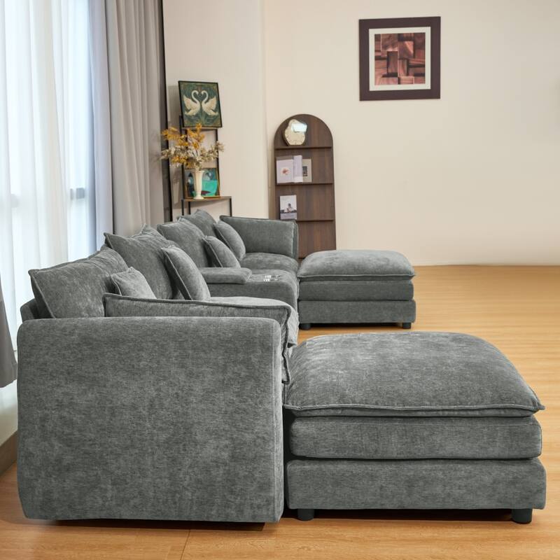 144" Modular 6-Seat U-Shaped Sectional Sofa with Movable Ottoman and Console, Cup Holders