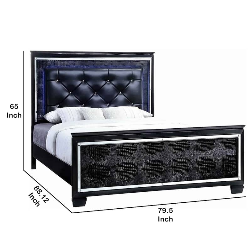 Textured Eastern King Size Bed with Silver Trim Accents, Black