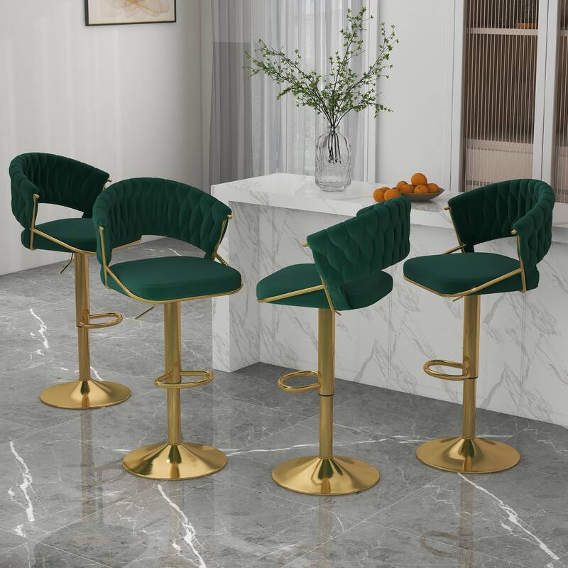 Set of 4 Bar Stool Adjustable Height with Swivel Seat - DARK GREEN