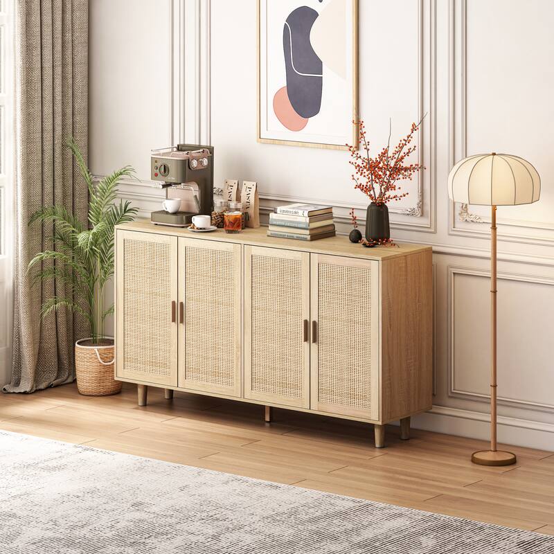Stylish 62.20" Rattan Decorative Storage Cabinet, 4 Doors, Adjustable Shelves, for Bedroom, Office & Living Room.