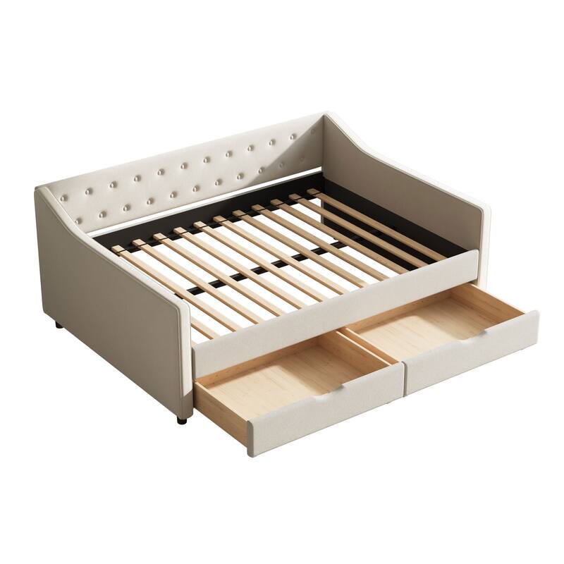 Linen Upholstered Daybed with 2 Drawers, Wooden Platform Sofa Bed Frame with Button Tufted Backrest, No Box Spring Needed