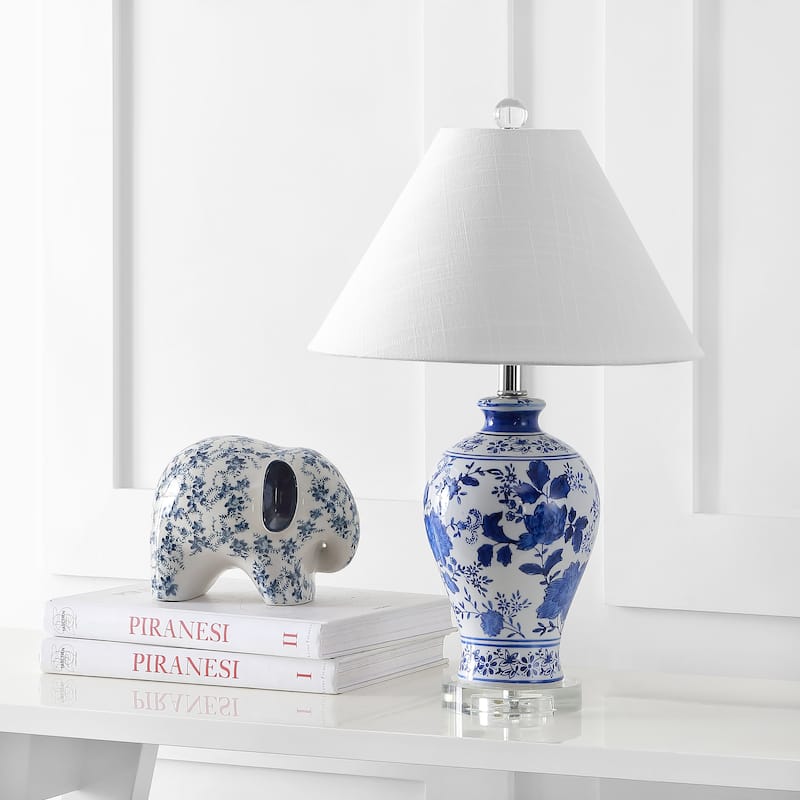 Loop 21.5" Ceramic/Crystal Chinoiserie Floral LED Table Lamp, Blue/White by JONATHAN Y