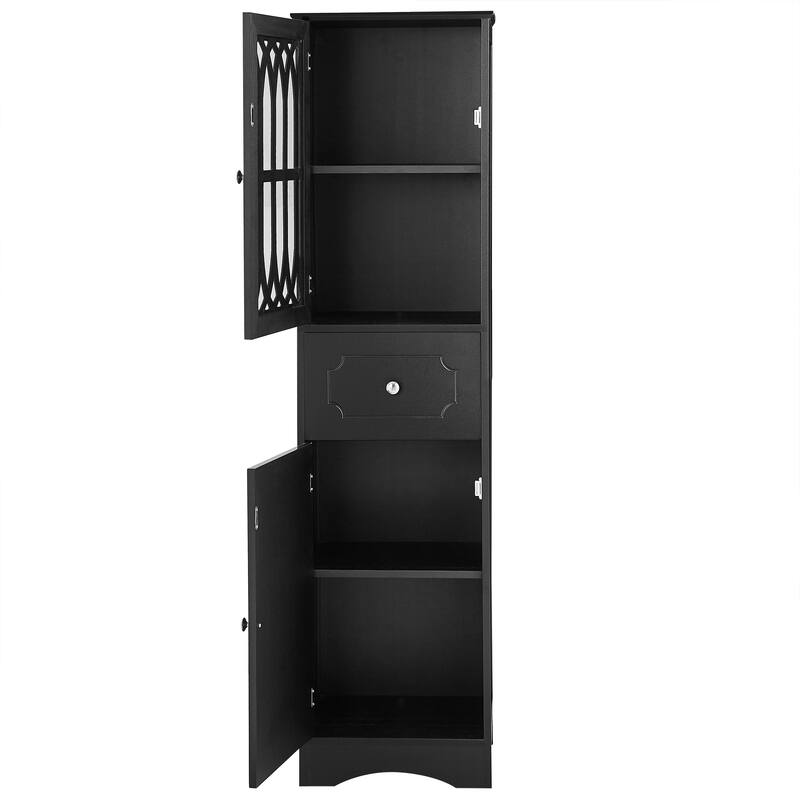 Freestanding Adjustable Storage Cabinet with Metal Knobs, Acrylic Panel Door Cabinet, Groove Pattern Drawer and Door Cabinet
