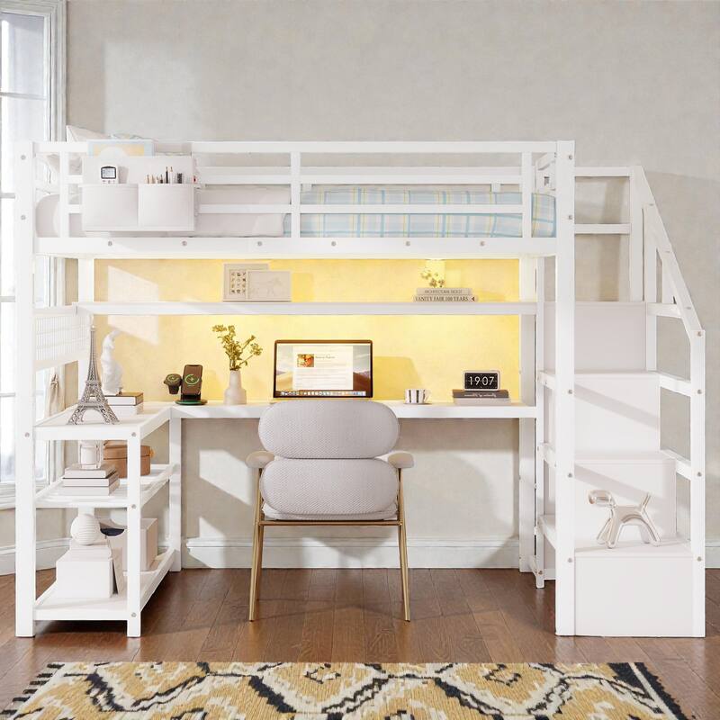 Full Size Metal Loft Bed with Staircase Storage, Wardrobe, L-Shaped Desk, Shelves, LED Lights and USB Charging Station