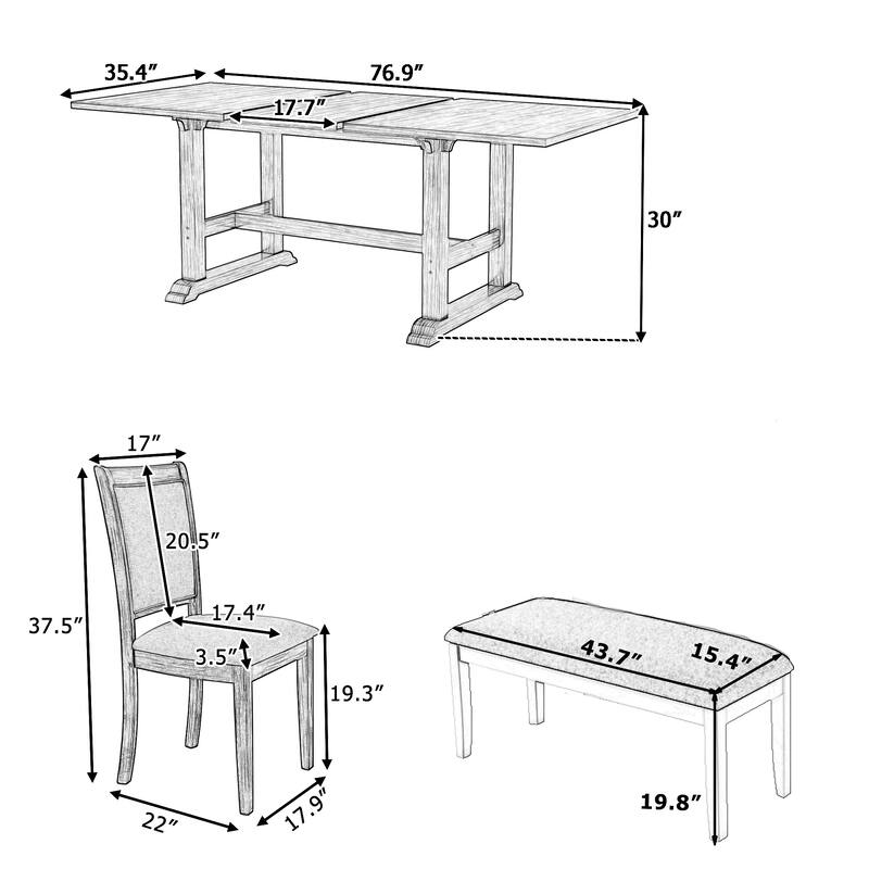 6-Piece Extendable Trestle Dining Table Set with Removable Leaf, Kitchen Set with Upholstered Chairs and Bench