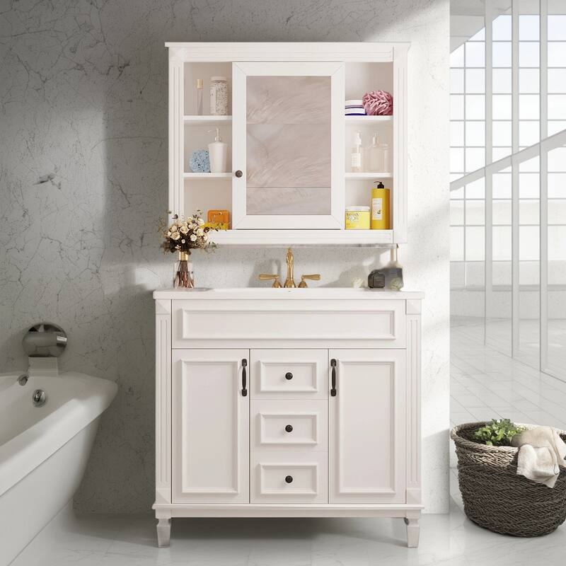 30" Ceramic Sink Bathroom Vanity with Gold Handles, Soft-Close Storage & Space-Saving Design
