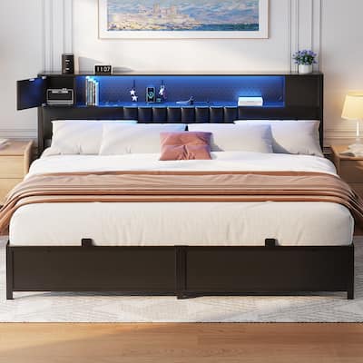 Farmhouse Bed Frame with Holey Board, Upholstered Headboard Platform Bed with Charging Station